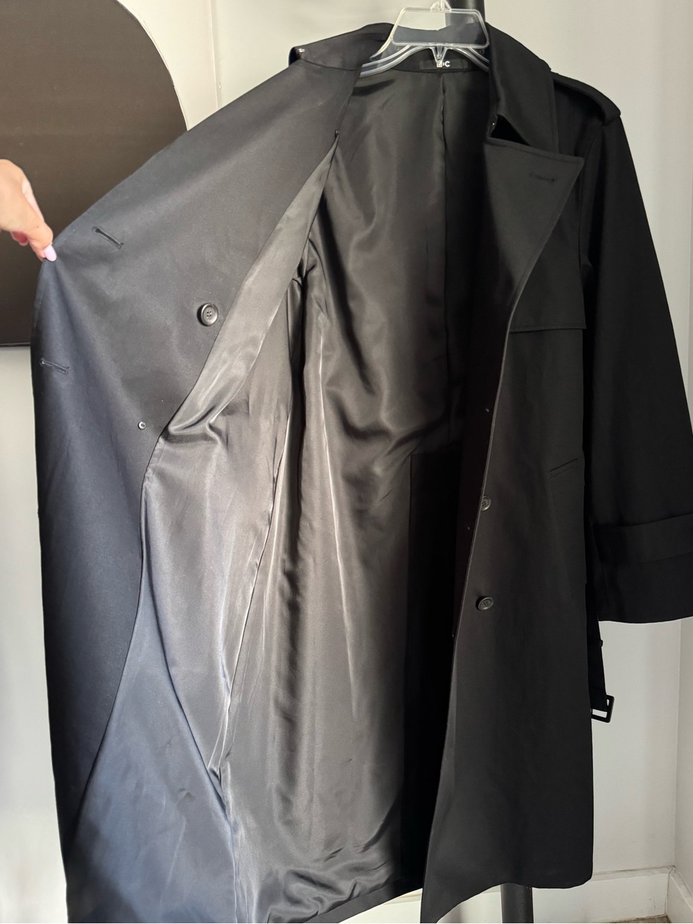 Uniqlo Black Cotton Double Breasted Structured Chic Long Trench Coat w Belt SM - Picture 6 of 13